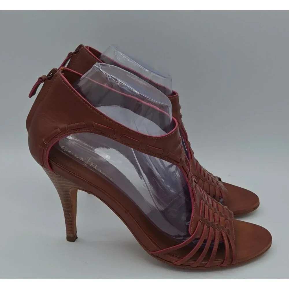 Cole Haan Air Valencia Women's Open Peep Toe Leather Heels Sandals Shoes Brown 9